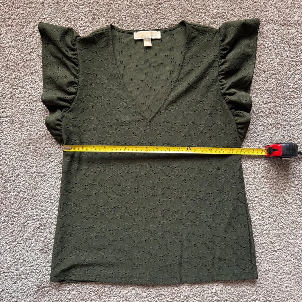 Michael Kors Womens Small Olive Green Eyelet Ruffle Cap Sleeve V-Neck Top